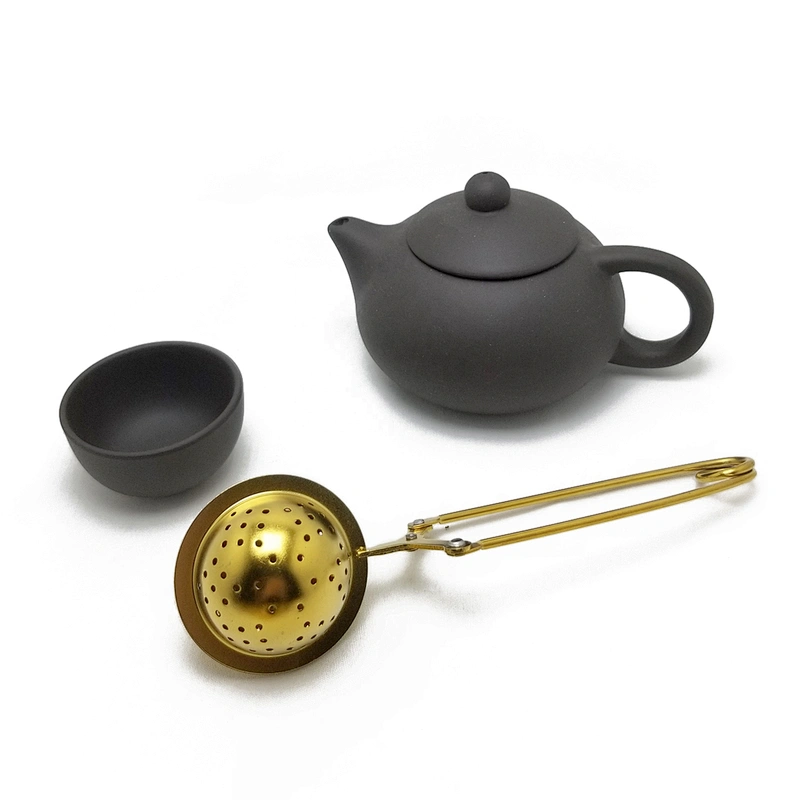 Food grade stainless steel titanium gold plating ball shape tea infuser with clamping handle