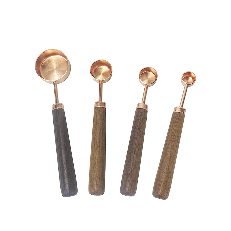 Gold Color Stainless Steel  Tea Coffee Seasoning Sets  Measuring Cup And Spoon With Wooden Handle