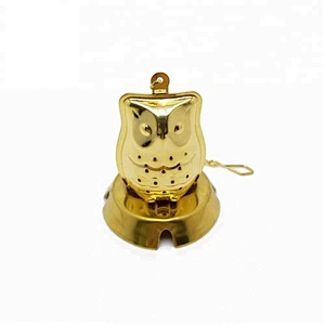New design stainless steel titanium gold plating owl shape tea infuser with chain