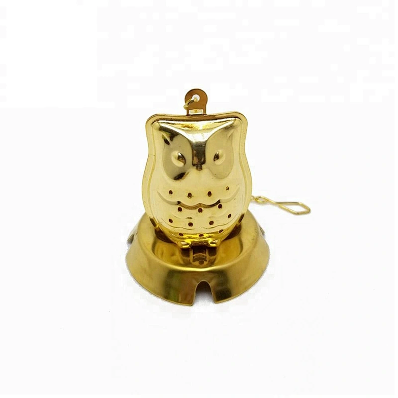New design stainless steel titanium gold plating owl shape tea infuser with chain