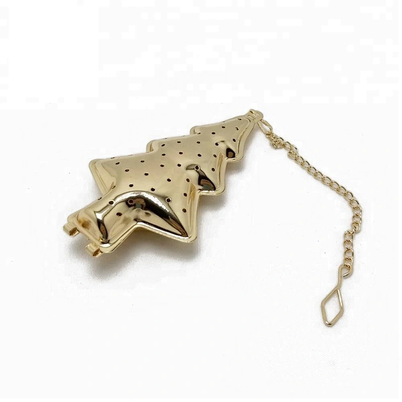 New design stainless steel gold plating christmas tree shape tea infuser tea ball with chain