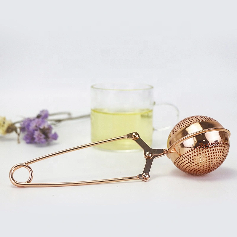 Rose gold stainless steel ball shape tea infuser tea strainer with clamp handle