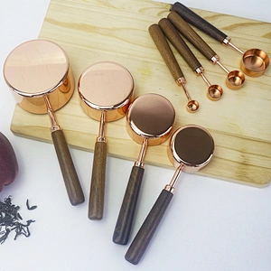 Gold Color Stainless Steel  Tea Coffee Seasoning Sets  Measuring Cup And Spoon With Wooden Handle