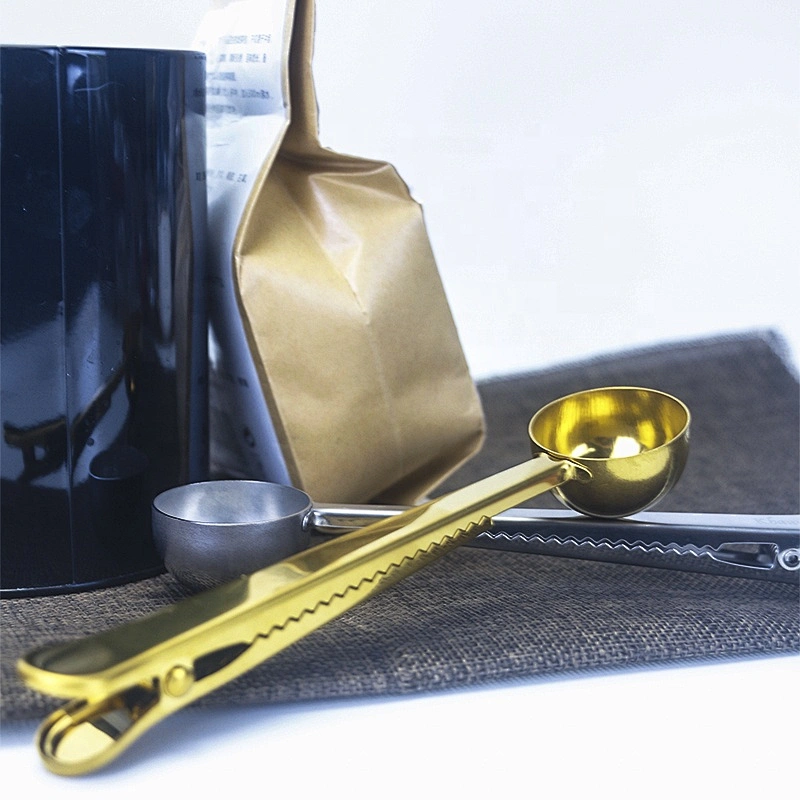 stainless steel gold copper coffee bean tea measuring spoon/scoop with bag clip