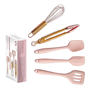 5 pcs Mini kids pink Slicone Kitchen Cooking Utensils children Kitchen  Accessories baking set with rose gold handle