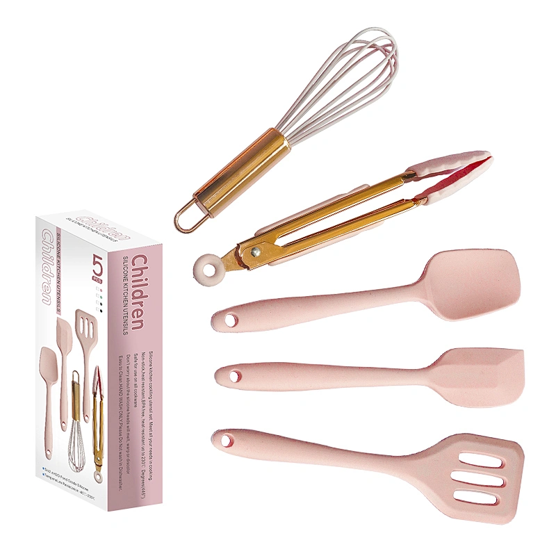 5 pcs Mini kids pink Slicone Kitchen Cooking Utensils children Kitchen  Accessories baking set with rose gold handle