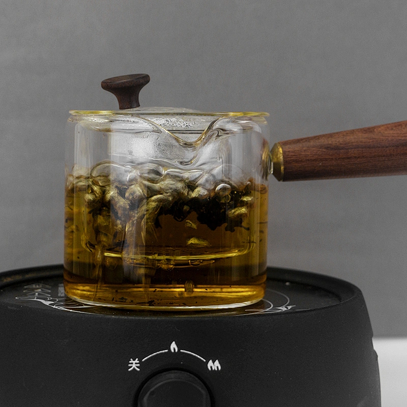 Handmade  high borosilicate heat resistant glass teapot  with glass infuser and wooden handle
