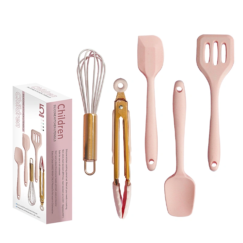 5 pcs Mini kids pink Slicone Kitchen Cooking Utensils children Kitchen Utensils Accessories baking set with rose gold handle