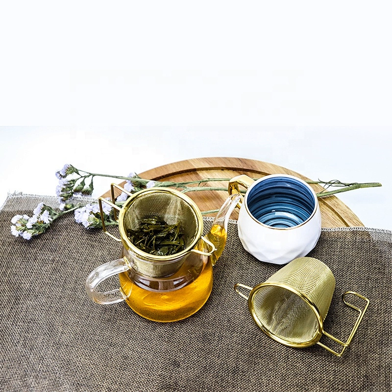 Titanium gold plating stainless steel tea strainer mesh gold  tea infuser with two handle tea maker for mug and pot