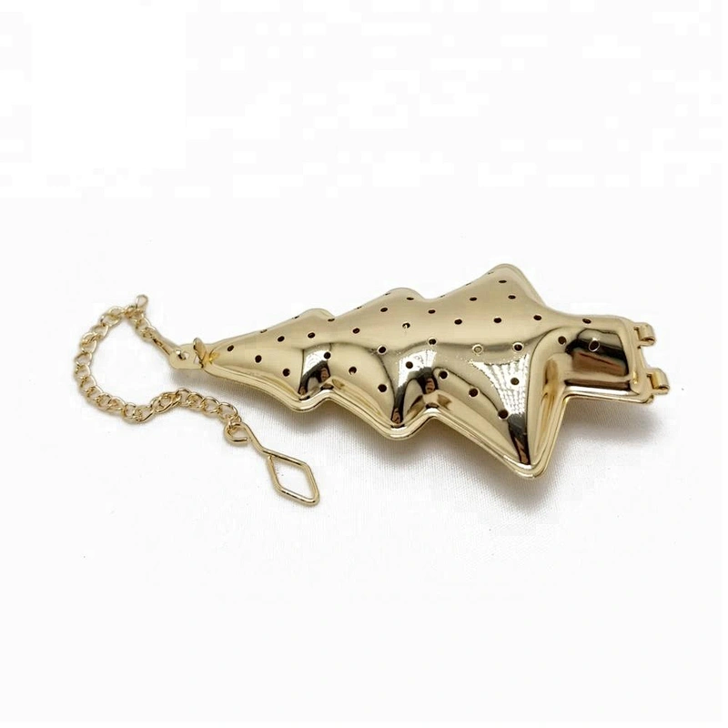 New design stainless steel gold plating christmas tree shape tea infuser tea ball with chain