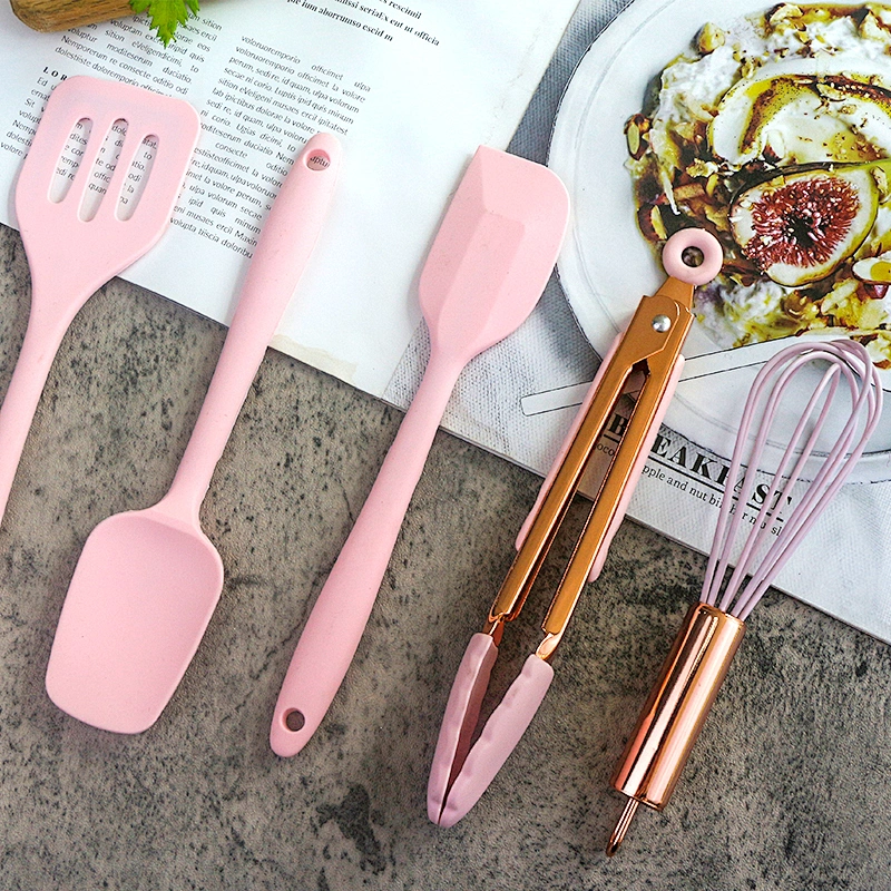 5 pcs Mini kids pink Slicone Kitchen Cooking Utensils children Kitchen Utensils Accessories baking set with rose gold handle