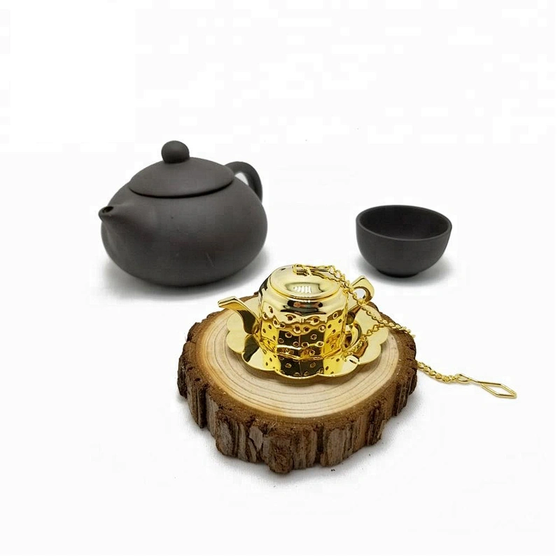 Promotional stainless steel gold plating mini teapot shape tea infuser tea ball with chain