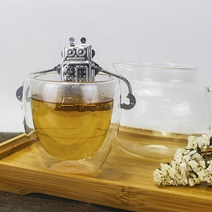 High quality stainless steel robot shape tea infuser tea strainer with drip tray