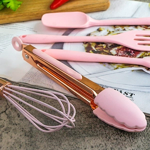 5 pcs Mini kids pink Slicone Kitchen Cooking Utensils children Kitchen  Accessories baking set with rose gold handle