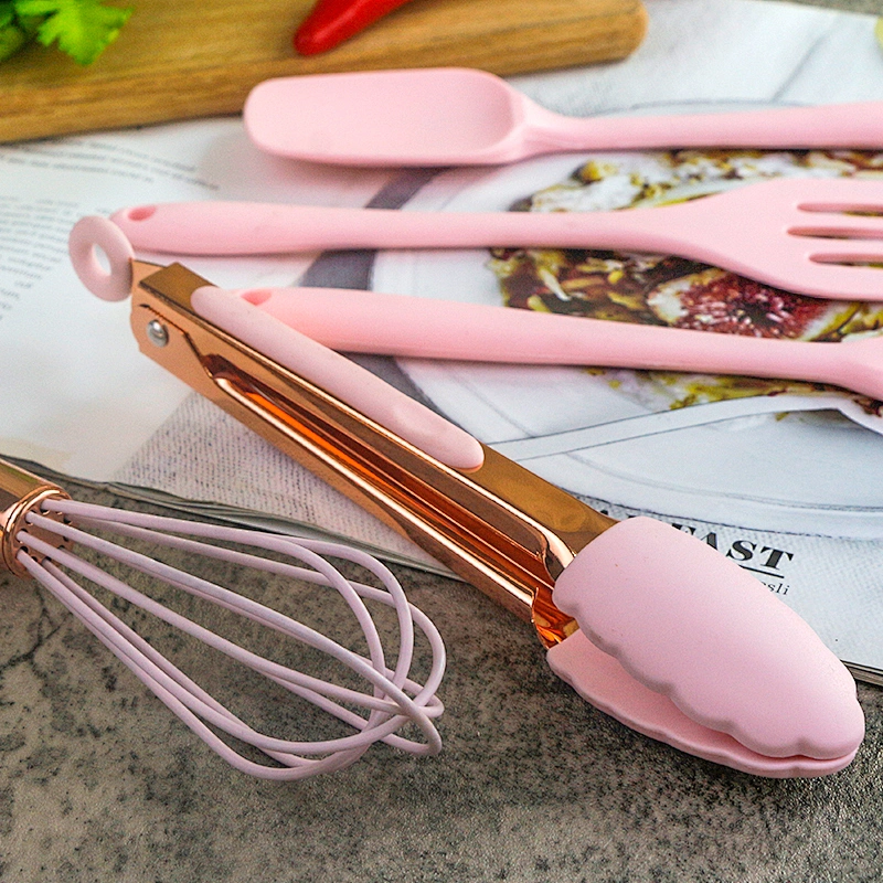 5 pcs Mini kids pink Slicone Kitchen Cooking Utensils children Kitchen  Accessories baking set with rose gold handle