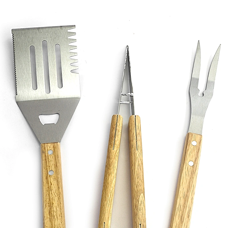 China supply barbeque wooden handle grill set 3 piece bbq set