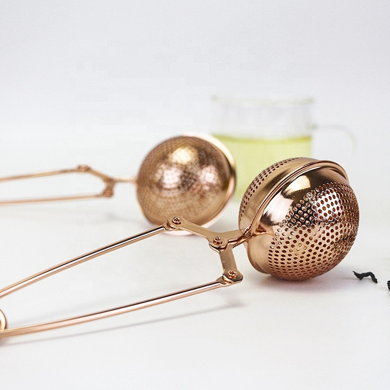 Rose gold stainless steel ball shape tea infuser tea strainer with clamp handle
