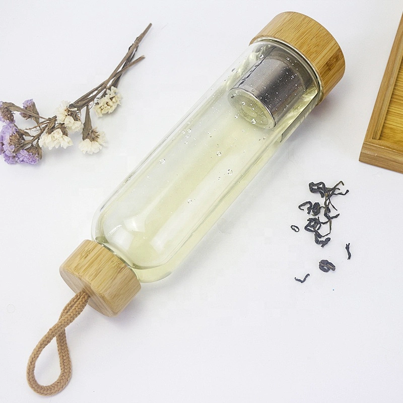 high borosilicate glass water bottle drinking bottle with tea infuser bamboo lid