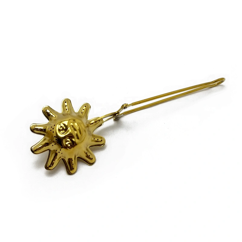 Novelty stainless steel titanium gold plating sun shape tea infuser tea strainer with clamping handle