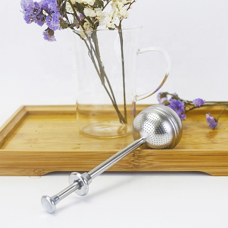 304 stainless steel ellipse ball shape tea infuser tea strainer with pushing handle