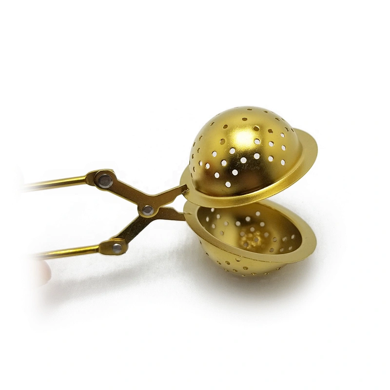 Food grade stainless steel titanium gold plating ball shape tea infuser with clamping handle