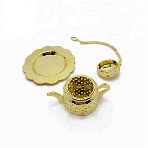 Promotional stainless steel gold plating mini teapot shape tea infuser tea ball with chain