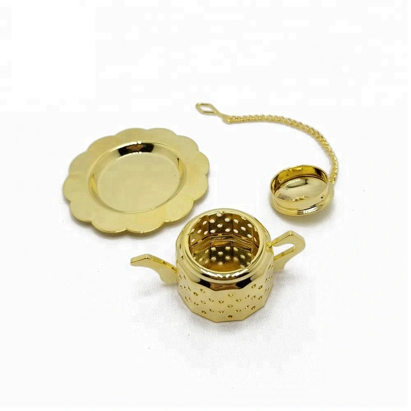Promotional stainless steel gold plating mini teapot shape tea infuser tea ball with chain