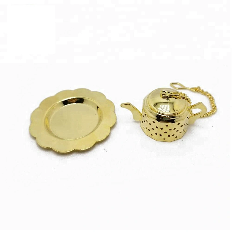 Promotional stainless steel gold plating mini teapot shape tea infuser tea ball with chain