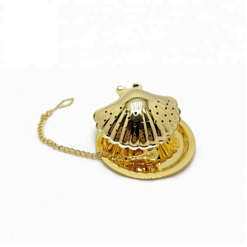 High quality stainless steel gold plating shell shape tea infuser tea ball with chain