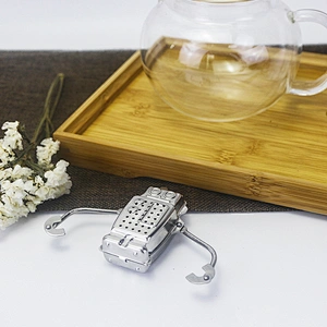 High quality stainless steel robot shape tea infuser tea strainer with drip tray