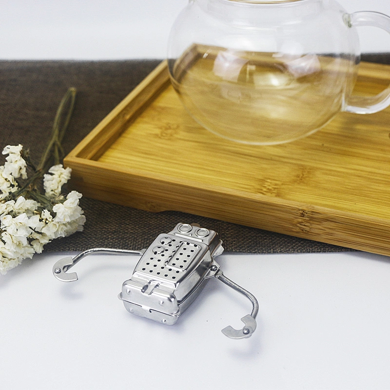 High quality stainless steel robot shape tea infuser tea strainer with drip tray