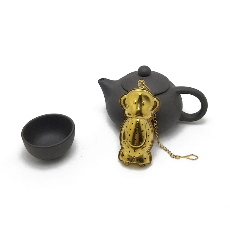 Stainless steel titanium gold plating monkey shape tea infuser with drip tray
