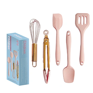 5 pcs Mini kids pink Slicone Kitchen Cooking Utensils children Kitchen Utensils Accessories baking set with rose gold handle