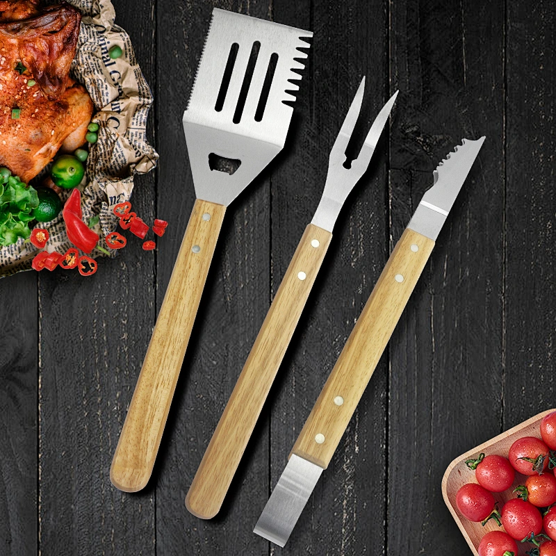China supply barbeque wooden handle grill set 3 piece bbq set