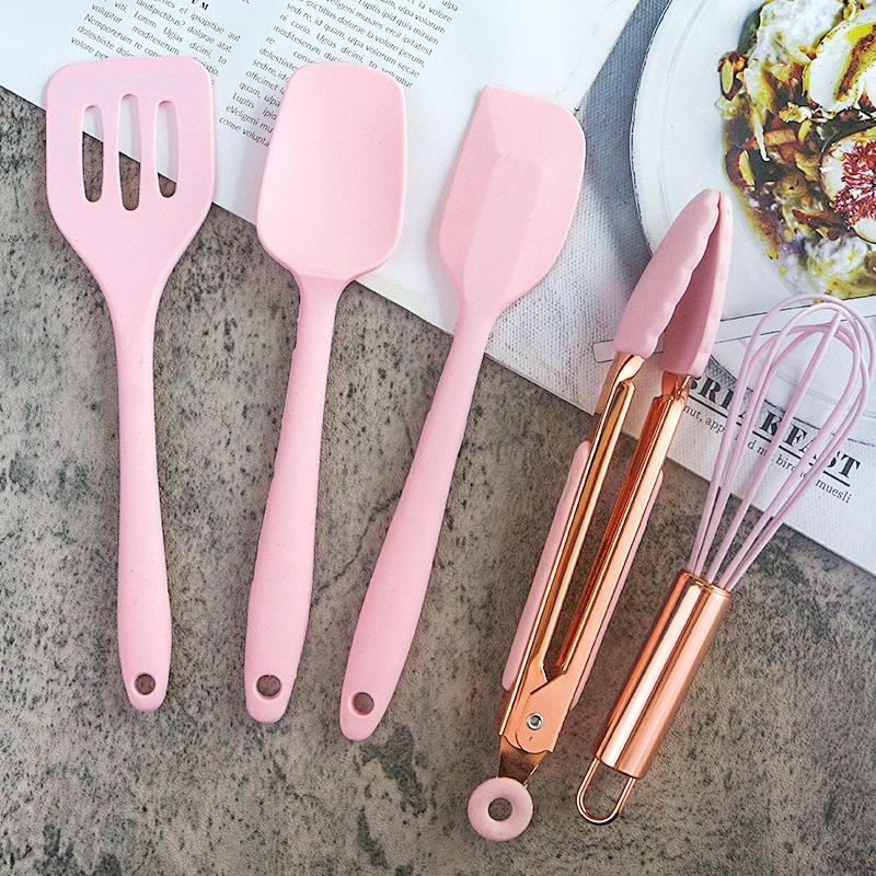 5 pcs Mini kids pink Slicone Kitchen Cooking Utensils children Kitchen  Accessories baking set with rose gold handle