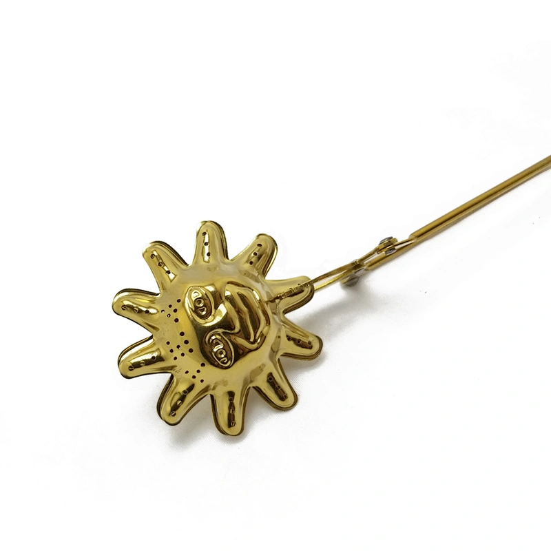 Novelty stainless steel titanium gold plating sun shape tea infuser tea strainer with clamping handle
