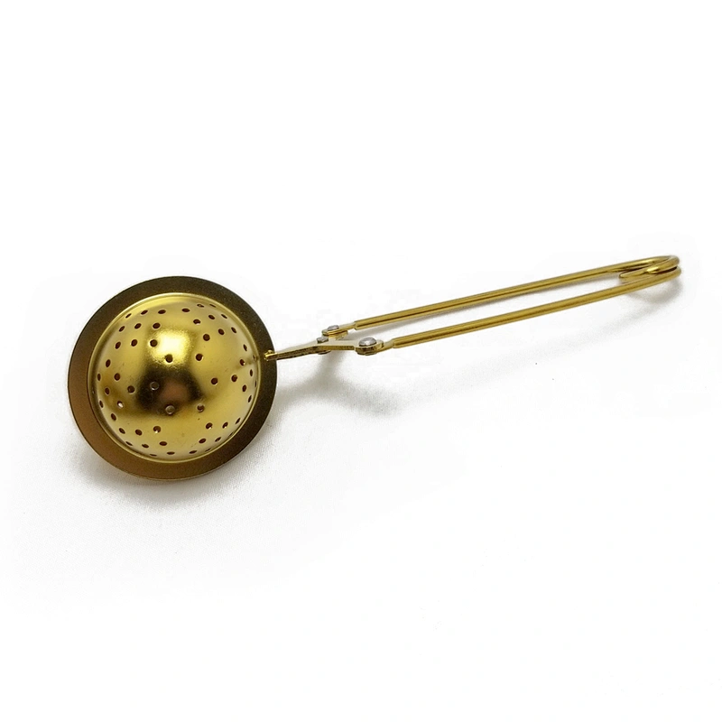 Food grade stainless steel titanium gold plating ball shape tea infuser with clamping handle