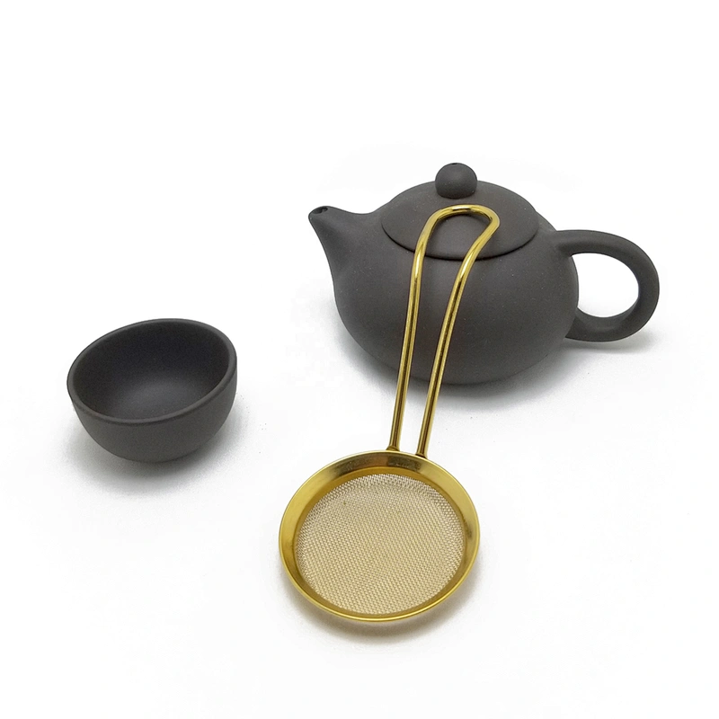 Stainless steel titanium gold plating mesh tea strainer  tea infuser with handle