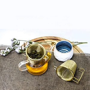 Titanium gold plating stainless steel tea strainer mesh gold  tea infuser with two handle tea maker for mug and pot