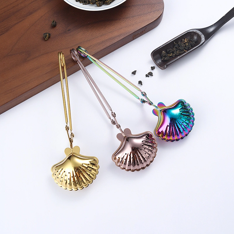 gold print multicolor stainless steel shell shape tea infuser tea strainer with clamp handle