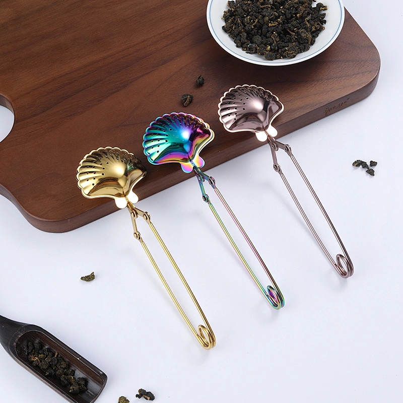 gold print multicolor stainless steel shell shape tea infuser tea strainer with clamp handle