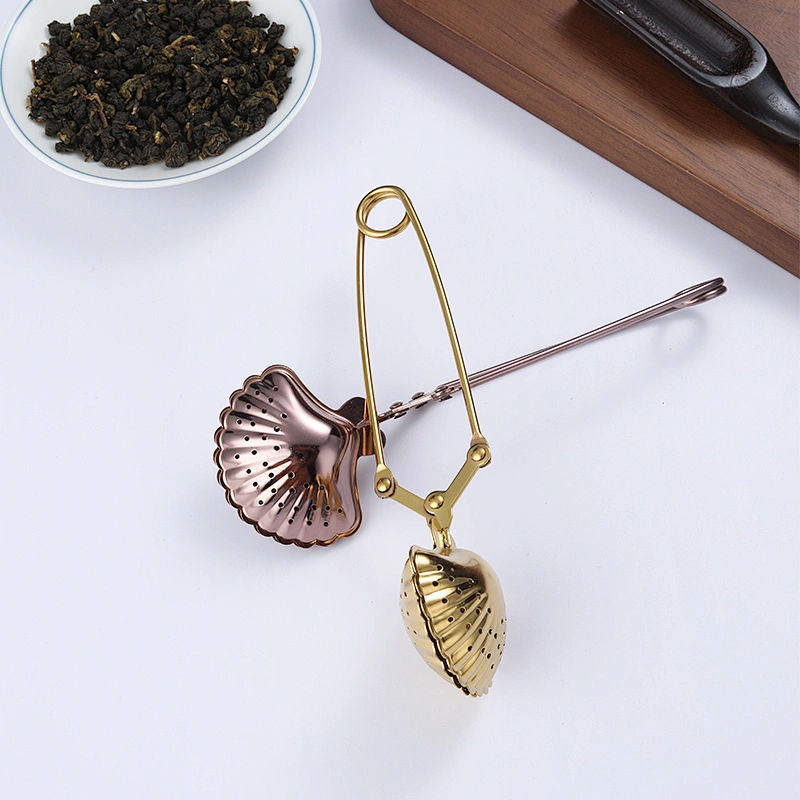 gold print multicolor stainless steel shell shape tea infuser tea strainer with clamp handle