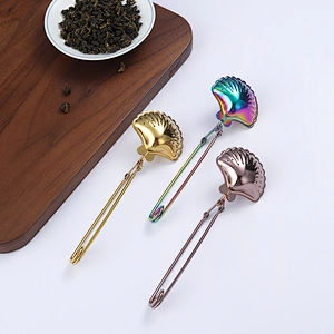 gold print multicolor stainless steel shell shape tea infuser tea strainer with clamp handle