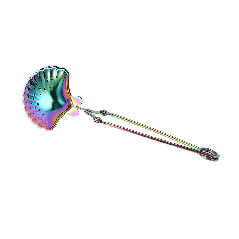 gold print multicolor stainless steel shell shape tea infuser tea strainer with clamp handle