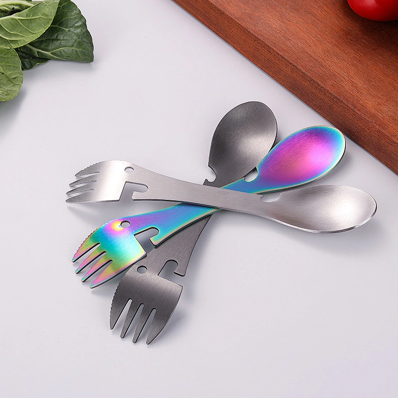 Outdoor camping stainless steel multifunctional fruit fork and spoon together with bottle opener supplier