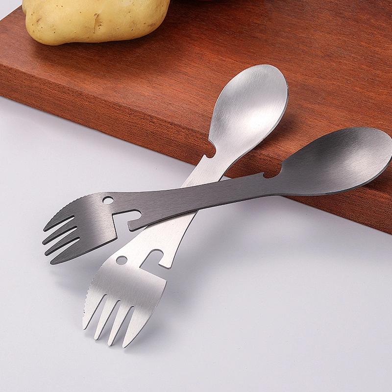 Outdoor camping stainless steel multifunctional fruit fork and spoon together with bottle opener supplier