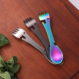 Outdoor camping stainless steel multifunctional fruit fork and spoon together with bottle opener supplier