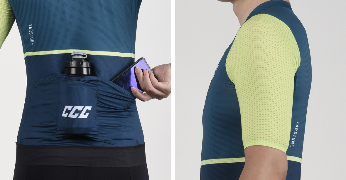 blue and green cycling jersey
