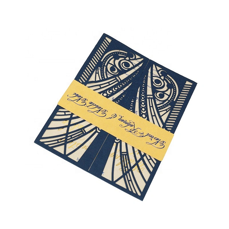 Elegant Navy Blue Cutout Decorative Motif Opening Fancy Paper Wedding Card With Gold Stamping For Wedding Invitations