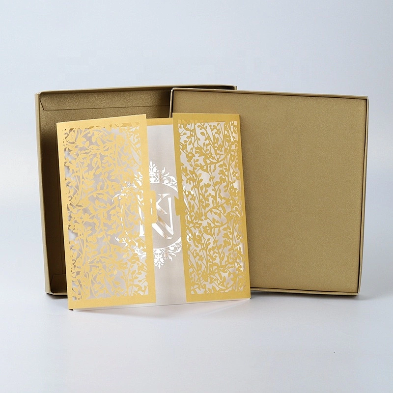 Luxury Gold Wedding Invitation Card Box With Laser Cut Greeting Card Set